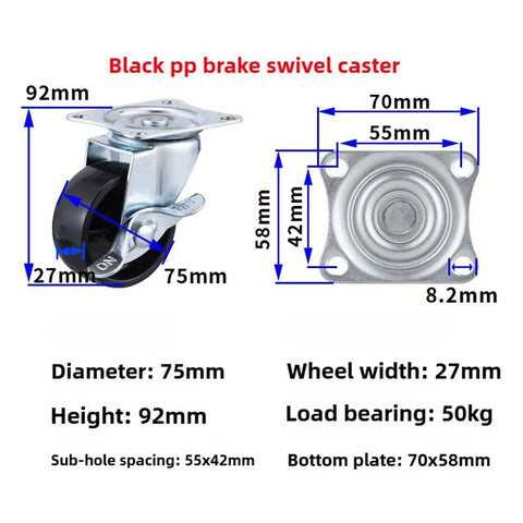 Four Pack Heavy Duty Flat Top Plate Caster Wheels With Dual Swivel And Double Wheel Brakes showing dimensions and specifications.