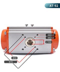 AT92 air cylinder pneumatic actuator with orange end caps and silver body; double-acting with spring-return, 90°.