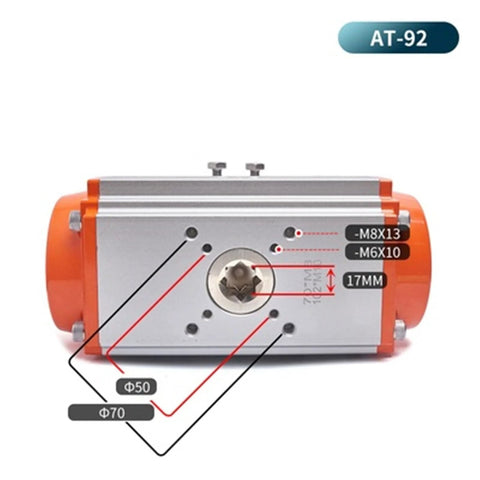 AT92 air cylinder pneumatic actuator with orange end caps and silver body; double-acting with spring-return, 90°.