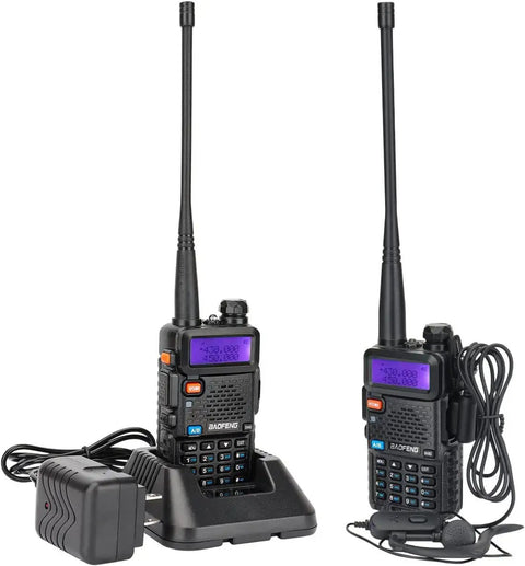 Dual Band Long Range Handheld Ham Radio Kit With 1800mAh Rechargeable Battery Two Way Radio For Hunting Camping Survival Includes Earpiece And K Port Headset 24 Hour Battery Life 2 Pack on charger and stand
