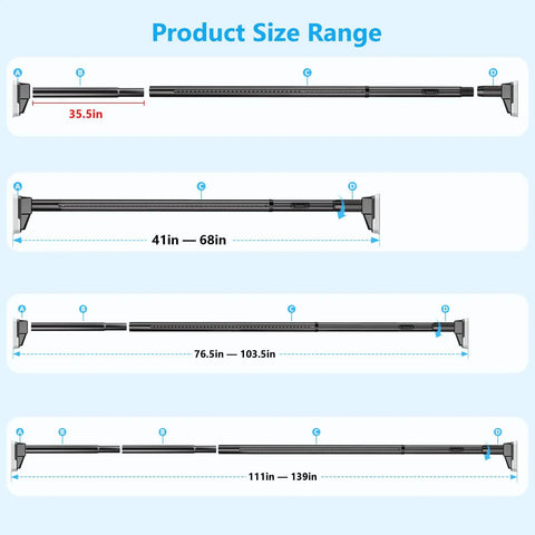 Adjustable Tension Curtain Rod No Drilling Extra Long 41 To 139 Inch Heavy Duty Black size range illustration