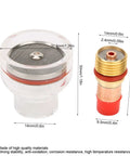 Gas Lens TIG Torch Kit For Arc Welding with high-heat resistant collet and nozzle, size dimensions visible, enhances weld quality.
