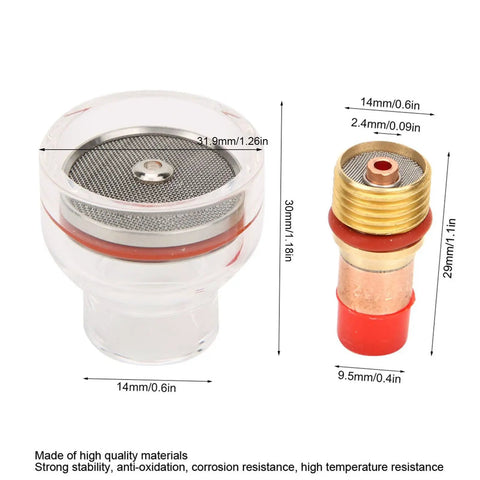Gas Lens TIG Torch Kit For Arc Welding with high-heat resistant collet and nozzle, size dimensions visible, enhances weld quality.