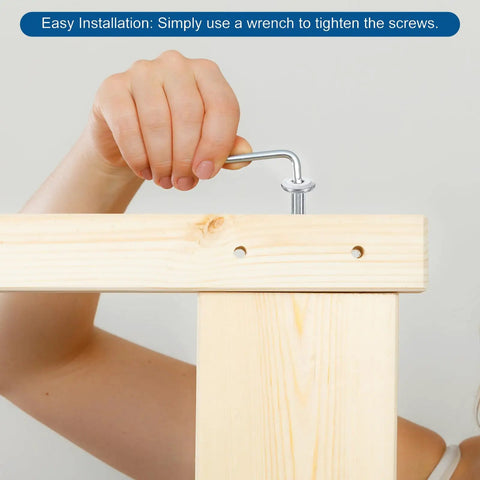 Hand tightening 10 Pack M6 X 70Mm Hex Socket Head Screw with Barrel Nut on wooden furniture frame using wrench, easy installation.