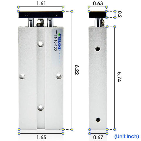 10mm Bore 100mm Stroke Double Rod Double Acting Aluminum Pneumatic Air Cylinder With M5 Port TN10-100 front and side view