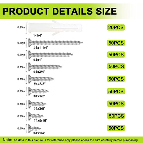 304 Stainless Steel Flat Head Phillips Wood Screws Set 420 Piece Assortment For Wood Projects Including Cabinets Hinges And DIY Crafts Short Self Tapping Screws With 20 M6 Anchors That You Can Count On size chart with various screw sizes.