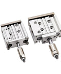 Bad Boy Adjustable Stroke Pneumatic Cylinder With Solid Compact Guide Rod And Three Axis Air Actuator Built For Hardcore Garage Builds And Smooth Industrial Swaps - close-up of two cylinders showing design and size.