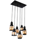 Antique Black Metal and Glass Jar Farmhouse Pendant Light With Six E26 Sockets, Industrial Hanging Fixture