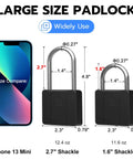 Two black fingerprint padlocks, large and medium sizes, with measurements. Fingerprint Padlock With Key Backup Weatherproof Biometric Lock With Bluetooth App Control Keyless Smart Electronic Lock For Outdoor Fence Gate Pool Shed Gym Locker Yard Long Shackle Security For Home Travel.