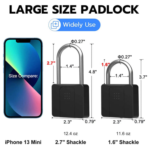 Two black fingerprint padlocks, large and medium sizes, with measurements. Fingerprint Padlock With Key Backup Weatherproof Biometric Lock With Bluetooth App Control Keyless Smart Electronic Lock For Outdoor Fence Gate Pool Shed Gym Locker Yard Long Shackle Security For Home Travel.