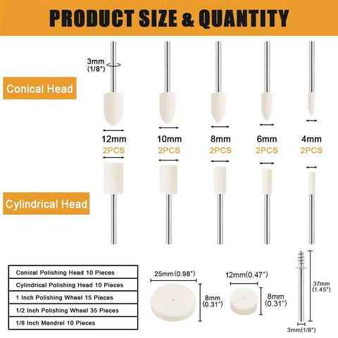 80 Piece Polishing Buffing Wheel Set With 1/8 Inch Shank size chart for conical and cylindrical heads, and mandrel dimensions