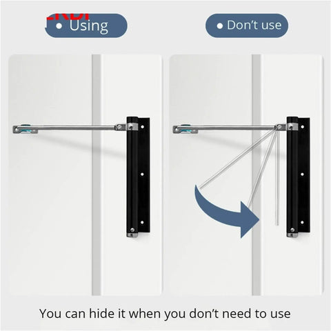 Diagram showing Aluminum Alloy Adjustable Door Closer 50 Kg Automatic Pulley Silent Soft Close in use and not in use positions.