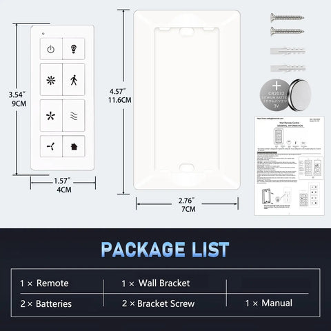 Package contents for Ceiling Fan Remote With Light Dimmer And 3 Speed Wall Control Replacement For TR326A Receivers.