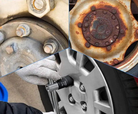 Rusty wheel hub and nut removal using Half Inch Drive Impact Bolt Nut Extractor Set 5 Piece Locking Wheel Lug Nut Remover Kit