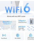 WiFi 6 features of AX1800 WiFi 6 Range Extender With Ethernet Port Dual Band Repeater Boost For Home WiFi Up To 2100 Sq Ft Coverage Supports 64 Devices App Setup EasyMesh Compatible Fast Signal Booster For Streaming And Gaming.