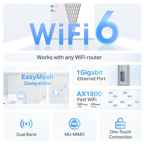 WiFi 6 features of AX1800 WiFi 6 Range Extender With Ethernet Port Dual Band Repeater Boost For Home WiFi Up To 2100 Sq Ft Coverage Supports 64 Devices App Setup EasyMesh Compatible Fast Signal Booster For Streaming And Gaming.