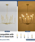 Modern Gold Farmhouse 12 Light Chandelier Industrial Metal Pendant Lighting With Candle Style Bulbs E12 Base Turned On and Off