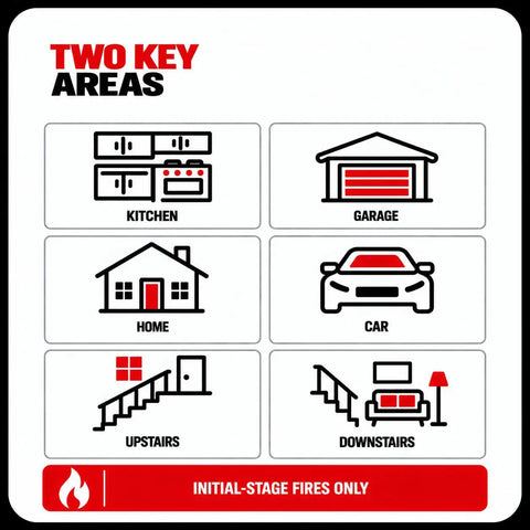 Diagram showing key areas for fire safety: kitchen, garage, home, car, upstairs, downstairs for initial-stage fires.