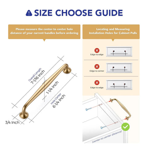 Size guide for Champagne Bronze Kitchen Cabinet Handles Set, 6-1/4 Inch, with installation instructions and measurements.