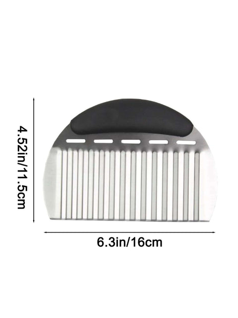 Large stainless steel crinkle cutter with black handle, front view for slicing potatoes and vegetables