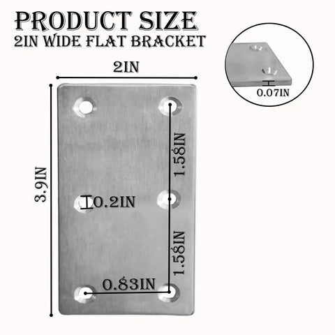 Heavy Hitter Stainless Steel Repair Brackets dimensions 2in wide, 3.9in long, showcasing pre-drilled holes for easy installation.