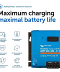 SmartSolar MPPT VE Can Solar Charge Controller with Bluetooth, blue device showing safety features for optimal battery protection.