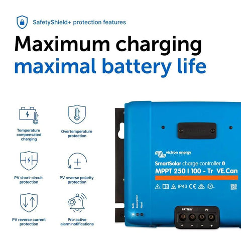 SmartSolar MPPT VE Can Solar Charge Controller with Bluetooth, blue device showing safety features for optimal battery protection.