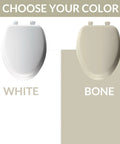 White and bone padded toilet seat with cushioned vinyl over wood core for supreme comfort, USA made.
