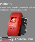 LED Hazard Warning Rocker Switch 5 Pin SPST 12V On Off Emergency Stop Switch With Red Cover Waterproof Toggle For Automotive