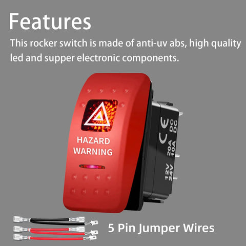 LED Hazard Warning Rocker Switch 5 Pin SPST 12V On Off Emergency Stop Switch With Red Cover Waterproof Toggle For Automotive
