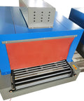 Close-up of No Fuss Thermal Heat Shrink Packaging Machine Tunnel with digital temp control, wrapped in blue and red finish.