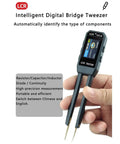 10KHz Digital Tweezers Tester SMD Analyzer Multimeter With Auto Component Recognition held by hand displaying digital screen