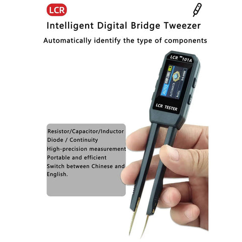 Hand holding 101A SMD Tester With Auto ID Pro Grade Portable Digital Multimeter For PCB Repair showing display screen