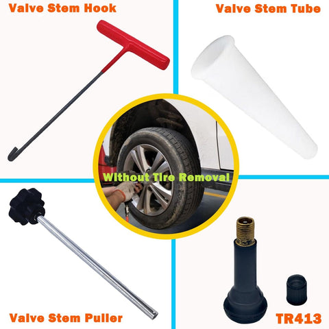 Tire Valve Stem Removal And Core Replacement Tool Kit With hook, tube, puller, TR413; car tire serviced without removal