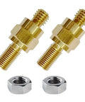 Rock Solid Brass Side Post Battery Terminal Bolt Extender Stud Compatible With Gm Batteries No Hassle Straight Swap For Wire Connections Built Tough Pack Of Two, showing dual thread brass extenders and nuts.