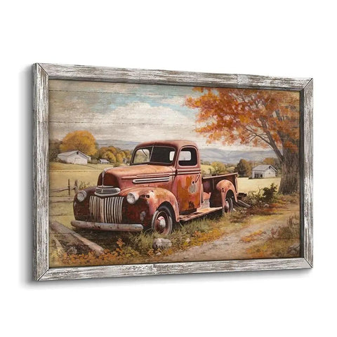 Vintage Red Pickup Truck Wall Art Rustic Farmhouse Barn Scene Horizontal Framed Print For Living Room Bedroom Or Home Office Cozy Country Vibe With Autumn Rural Charm