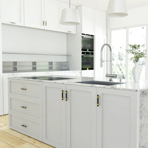 Modern kitchen with white cabinets featuring Black And Gold Cabinet Pulls 10 Pack 5 Inch Hole Center Drawer Handles installed.