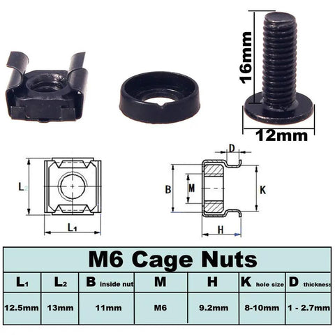 Precision Heavy Duty M6 Cage Nut Kit With Screws And Protective Washers For Server Rack Mounting, Includes nuts and screws dimensions.