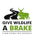 Front view of a 5.5-inch round car magnet featuring black road graphic and green deer with Give Wildlife A Brake text