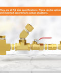 Brass Pipe Fittings Kit 48 Piece One Quarter Inch NPT with couplings, elbows, and ball valve shown assembled on a marble surface