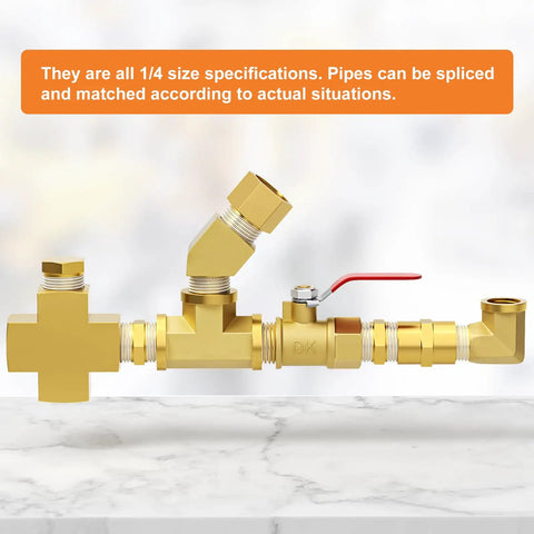 Brass Pipe Fittings Kit 48 Piece One Quarter Inch NPT with couplings, elbows, and ball valve shown assembled on a marble surface