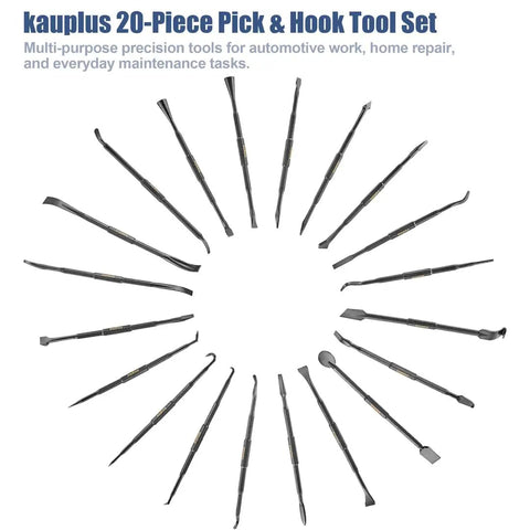 20 Piece Double Ended Pick And Hook Tool Set With Non Marring Scrapers And Pry Bars arranged in a circle