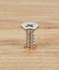 Built Tough Size Six By Three Eighth Inch Flat Head Phillips Wood Screw in wood, 304 stainless, ideal for decking and carpentry.