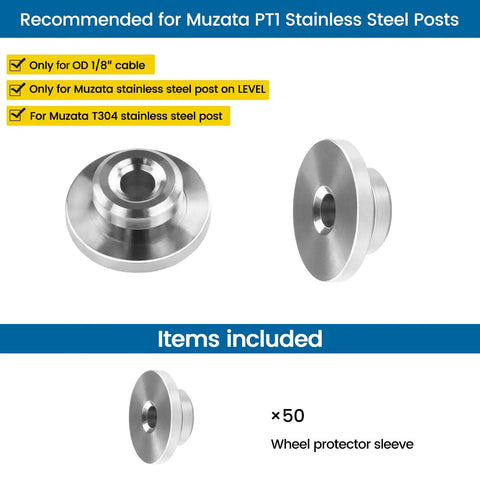 50 Pack Level Wheel Protector Sleeve For One Eighth Inch Cable Railing On Level Metal Posts T316 Stainless Steel CR72 CP3 Kit