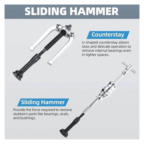 Diagram showing sliding hammer and counterstay from 16 Piece Inner Bearing Puller Set For Auto Wheel Bearings, No Fuss Blind Bearing Removal Tool Kit.