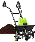 16 Inch Corded Electric Tiller With 13.5 Amp Motor in action near soil pile