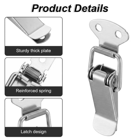 4 Pack Small Spring Loaded Toggle Latch With 20 Screws Stainless Steel Silver Finish showing thick plate, spring, design details