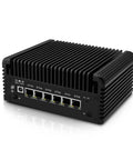 Intel N97 Fanless Mini Computers Networking Appliance Straight Up Easy Setup With Six 2.5GbE LanPorts Plus Ddr5 Ram And Nvme Storage Ready To Hit High Speed Routing And Handle 4K Screens Like A Champ, showing the side view with six LAN ports.