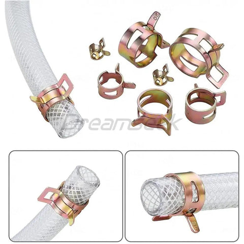 Grab This Ultimate 130Pc Hose Spring Clamp Fastener Assortment Kit With Ten Sizes From 6 To 22mm For Tough Auto Repairs And DIY Jobs Featuring Durable Spring Steel Construction That Holds Up Great, assorted hose clamps on white hose