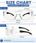 Size chart for 30 Pack Clear Safety Glasses Wrap Around Eye Protection, showing dimensions and side view details.